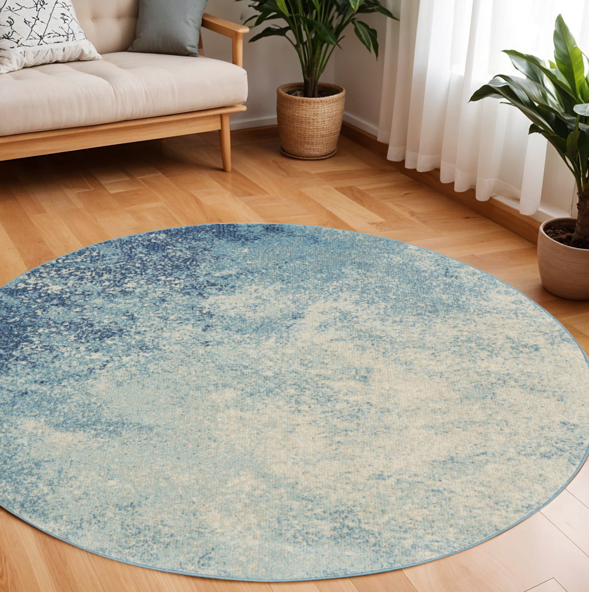 7' X 10' Blue And Ivory Abstract Area Rug-Area Rugs-DECOROLALA