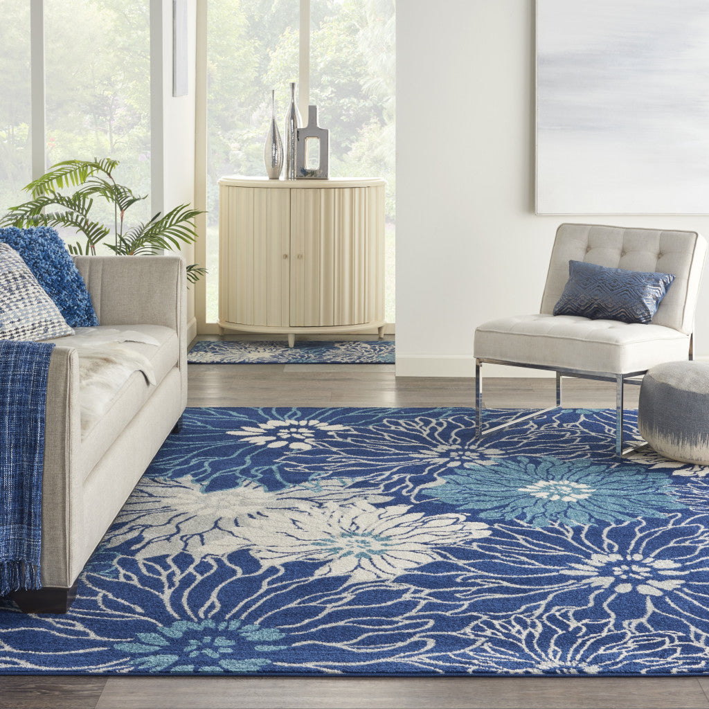7' X 10' Blue And Ivory Floral Area Rug-Area Rugs-DECOROLALA