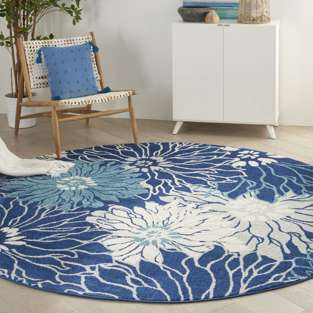 7' X 10' Blue And Ivory Floral Area Rug-Area Rugs-DECOROLALA
