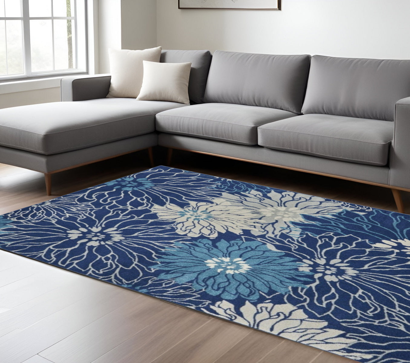 7' X 10' Blue And Ivory Floral Area Rug-Area Rugs-DECOROLALA