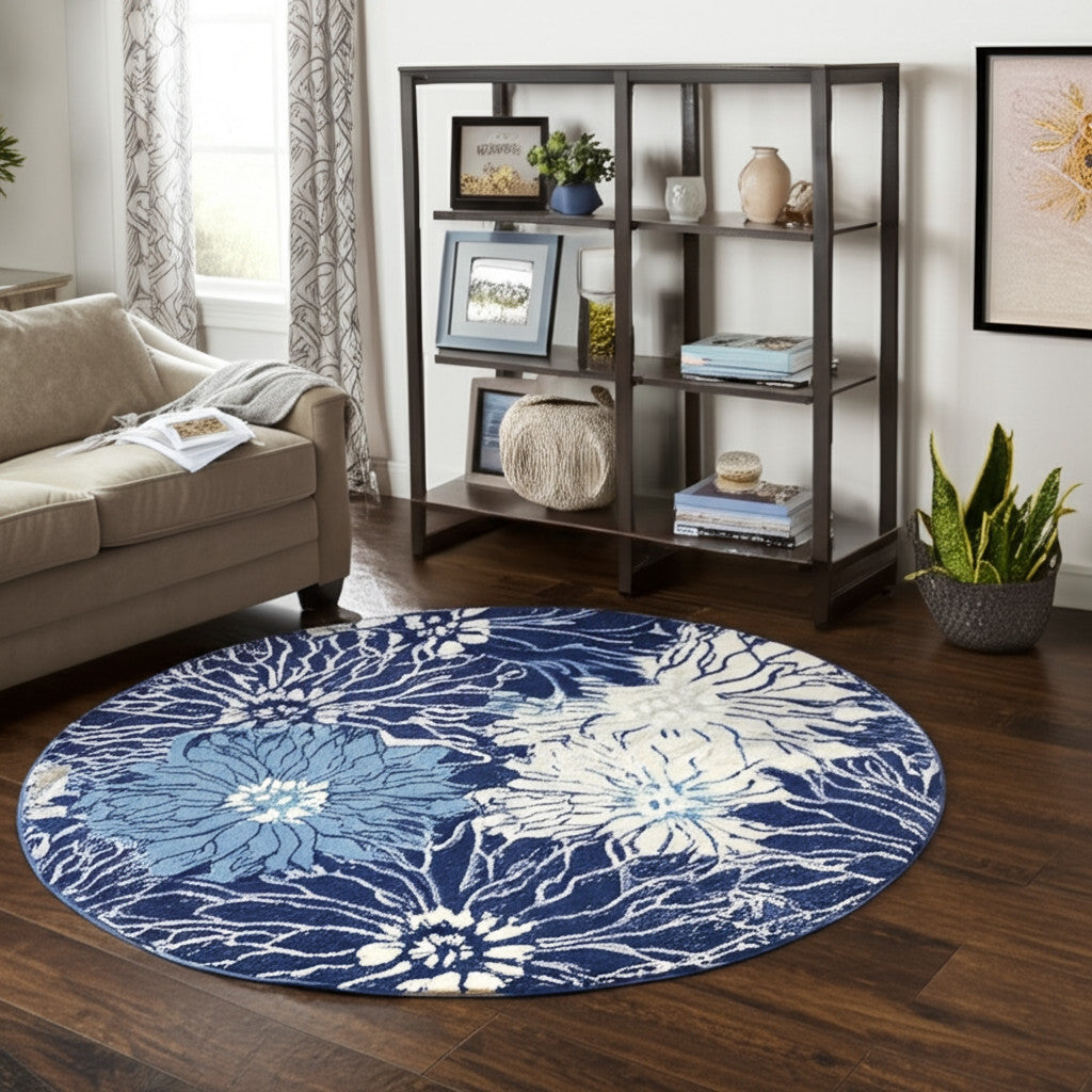 7' X 10' Blue And Ivory Floral Area Rug-Area Rugs-DECOROLALA