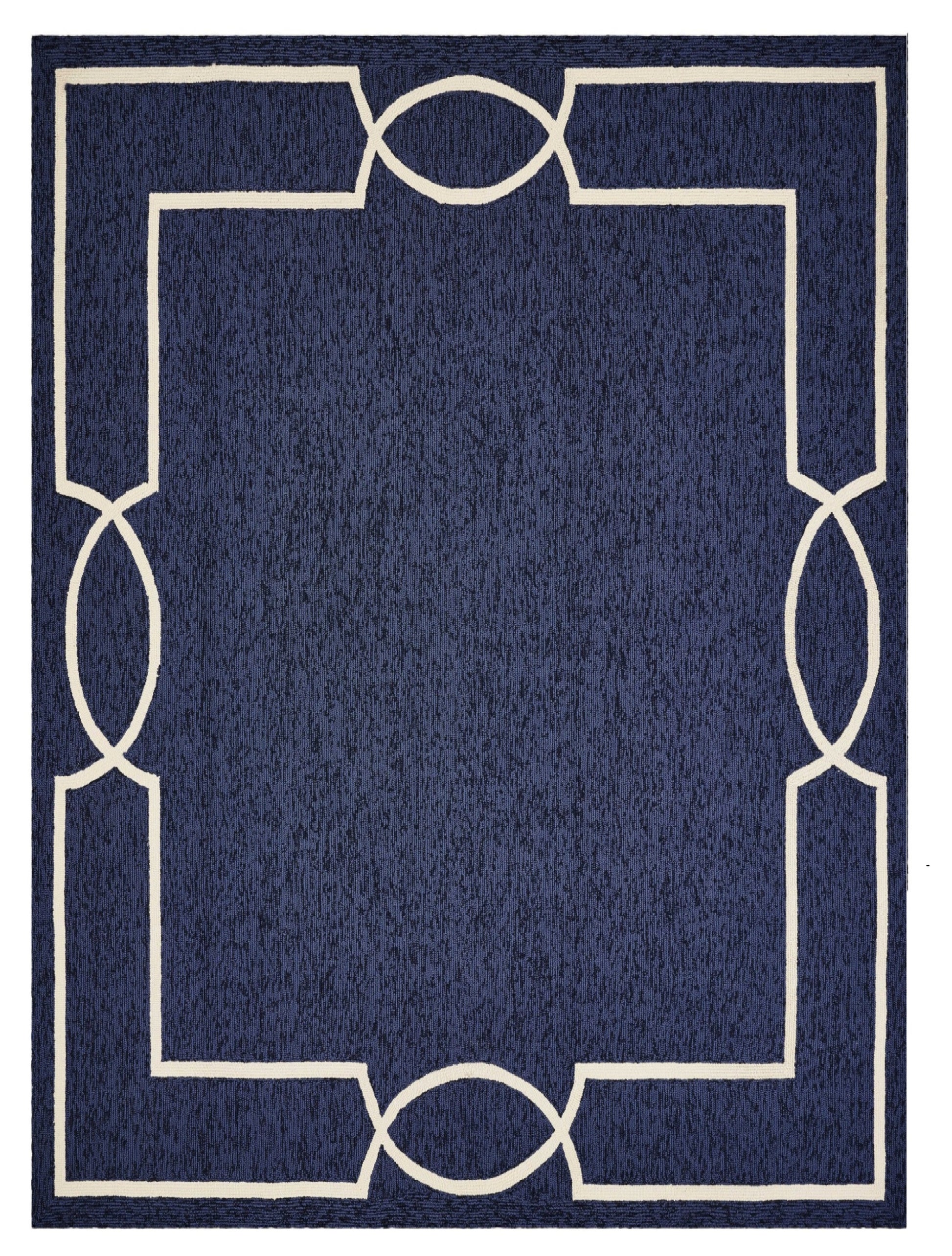 7' X 10' Blue And Ivory Geometric Hand Hooked Area Rug-Area Rugs-DECOROLALA