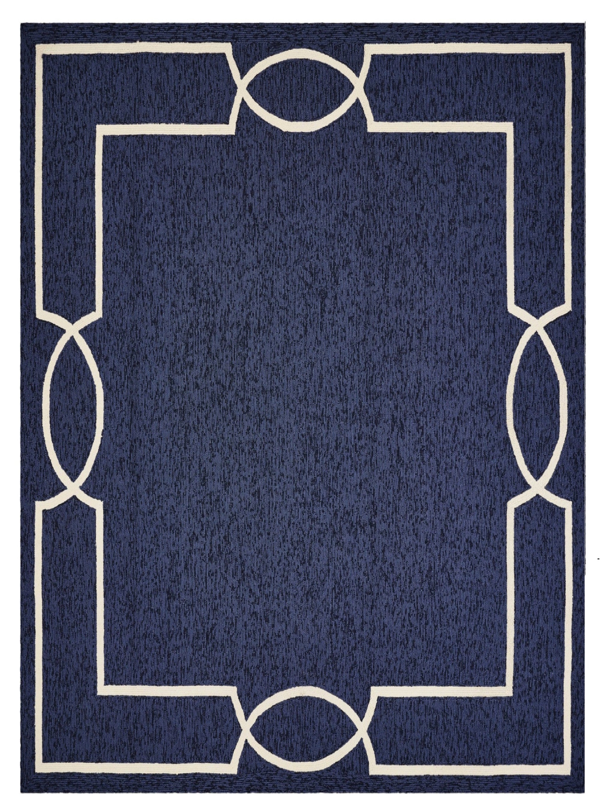 7' X 10' Blue And Ivory Geometric Hand Hooked Area Rug-Area Rugs-DECOROLALA