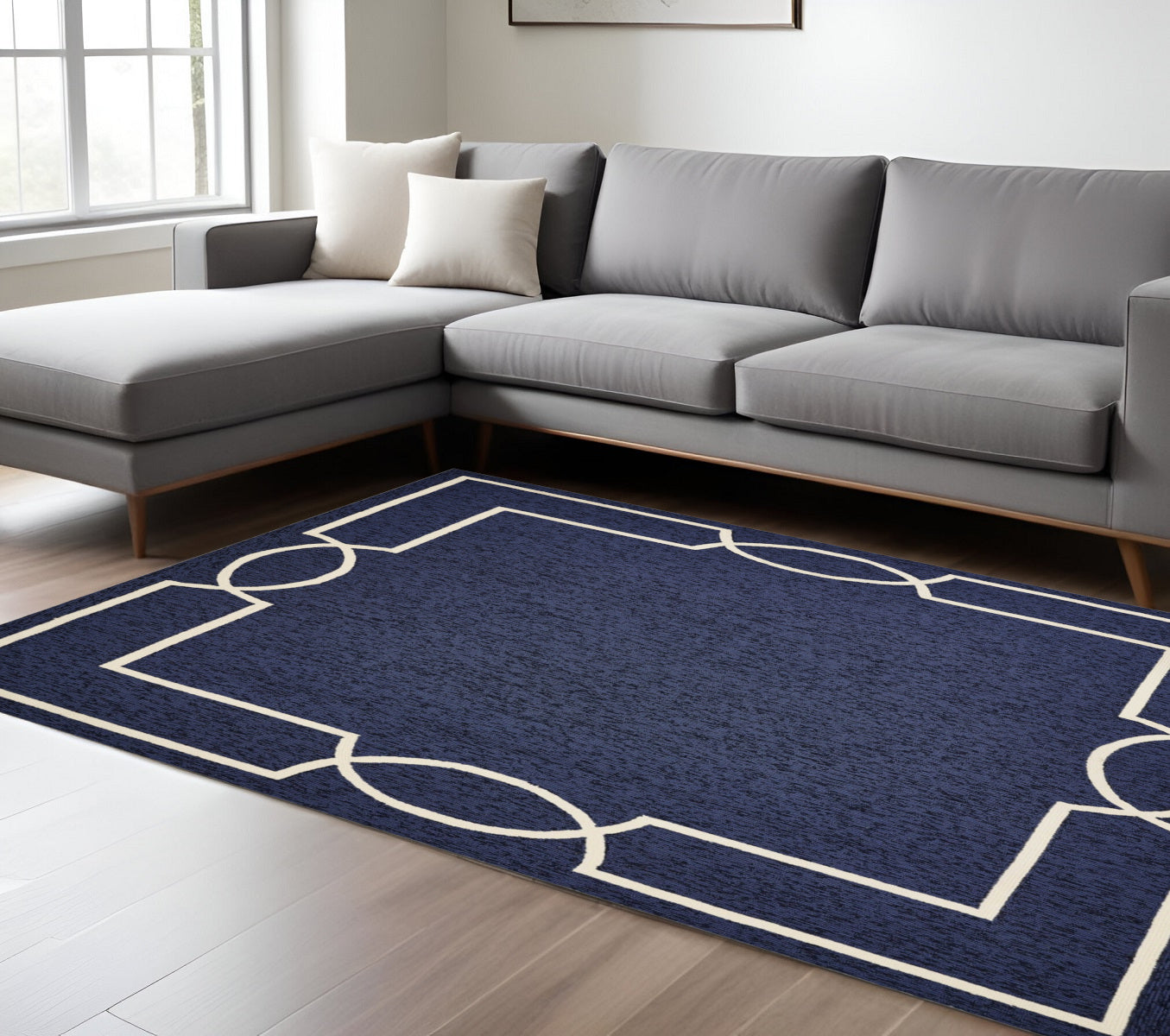 7' X 10' Blue And Ivory Geometric Hand Hooked Area Rug-Area Rugs-DECOROLALA
