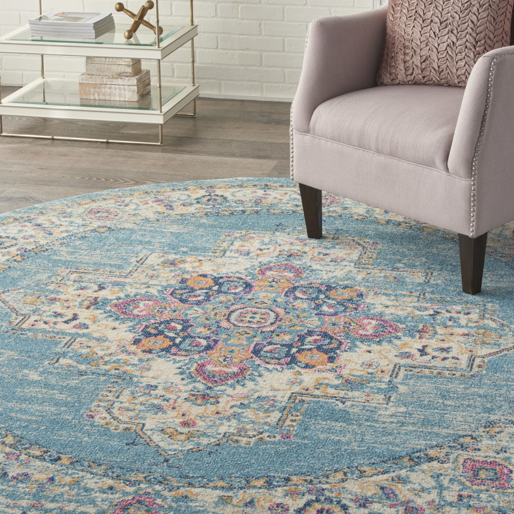 7' X 10' Blue And Ivory Medallion Distressed Area Rug-Area Rugs-DECOROLALA