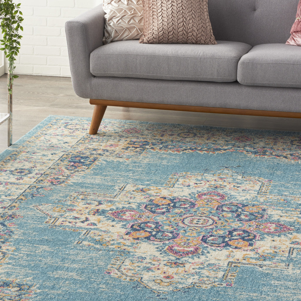 7' X 10' Blue And Ivory Medallion Distressed Area Rug-Area Rugs-DECOROLALA