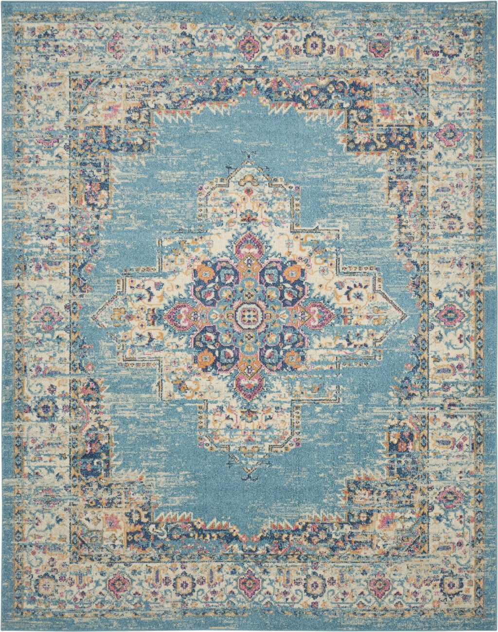7' X 10' Blue And Ivory Medallion Distressed Area Rug-Area Rugs-DECOROLALA