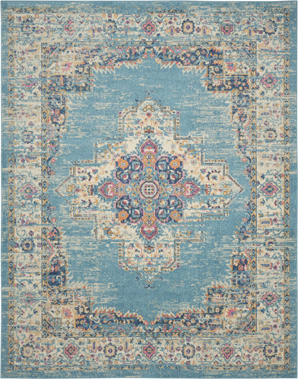 7' X 10' Blue And Ivory Medallion Distressed Area Rug-Area Rugs-DECOROLALA