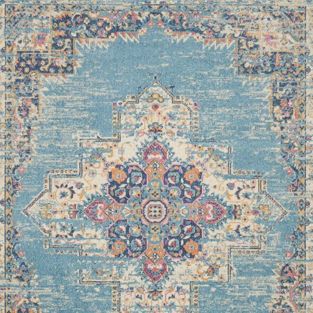 7' X 10' Blue And Ivory Medallion Distressed Area Rug-Area Rugs-DECOROLALA