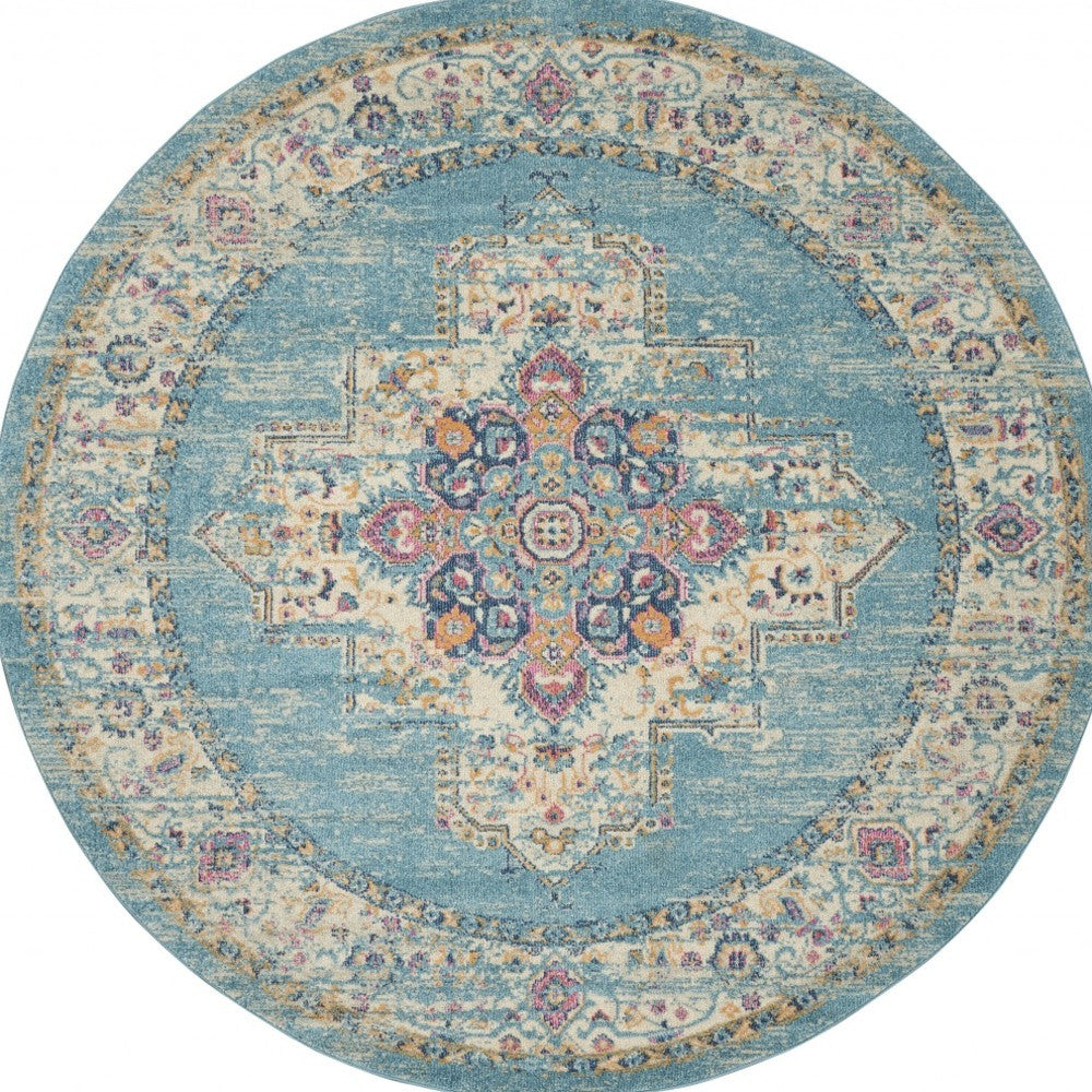 7' X 10' Blue And Ivory Medallion Distressed Area Rug-Area Rugs-DECOROLALA
