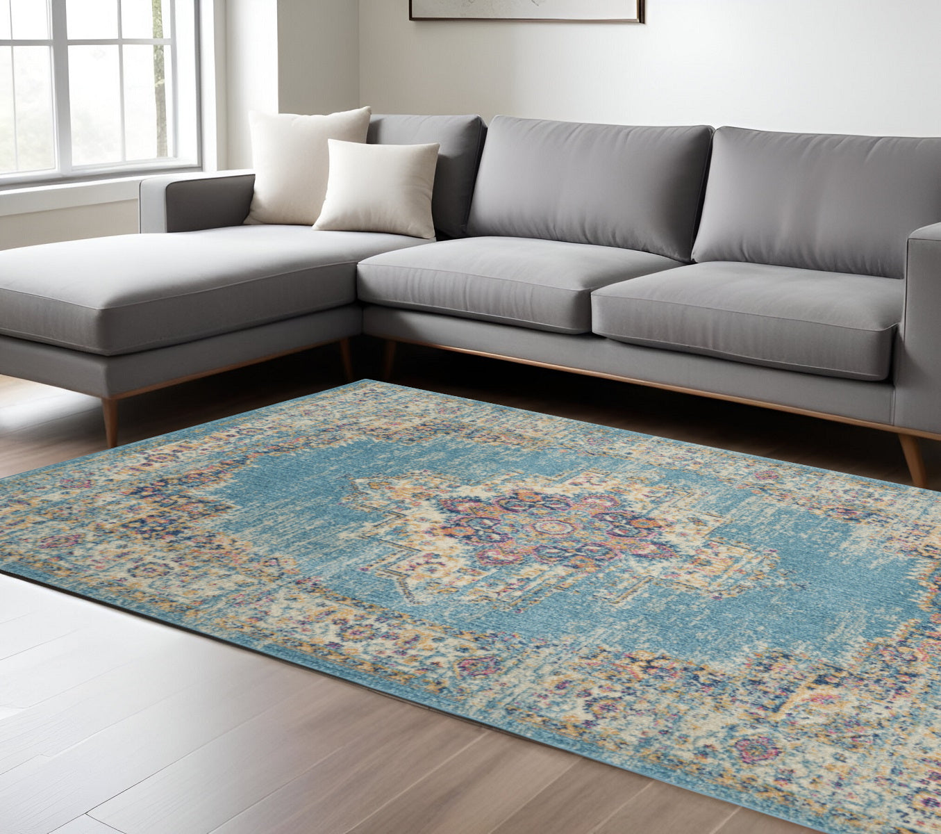 7' X 10' Blue And Ivory Medallion Distressed Area Rug-Area Rugs-DECOROLALA
