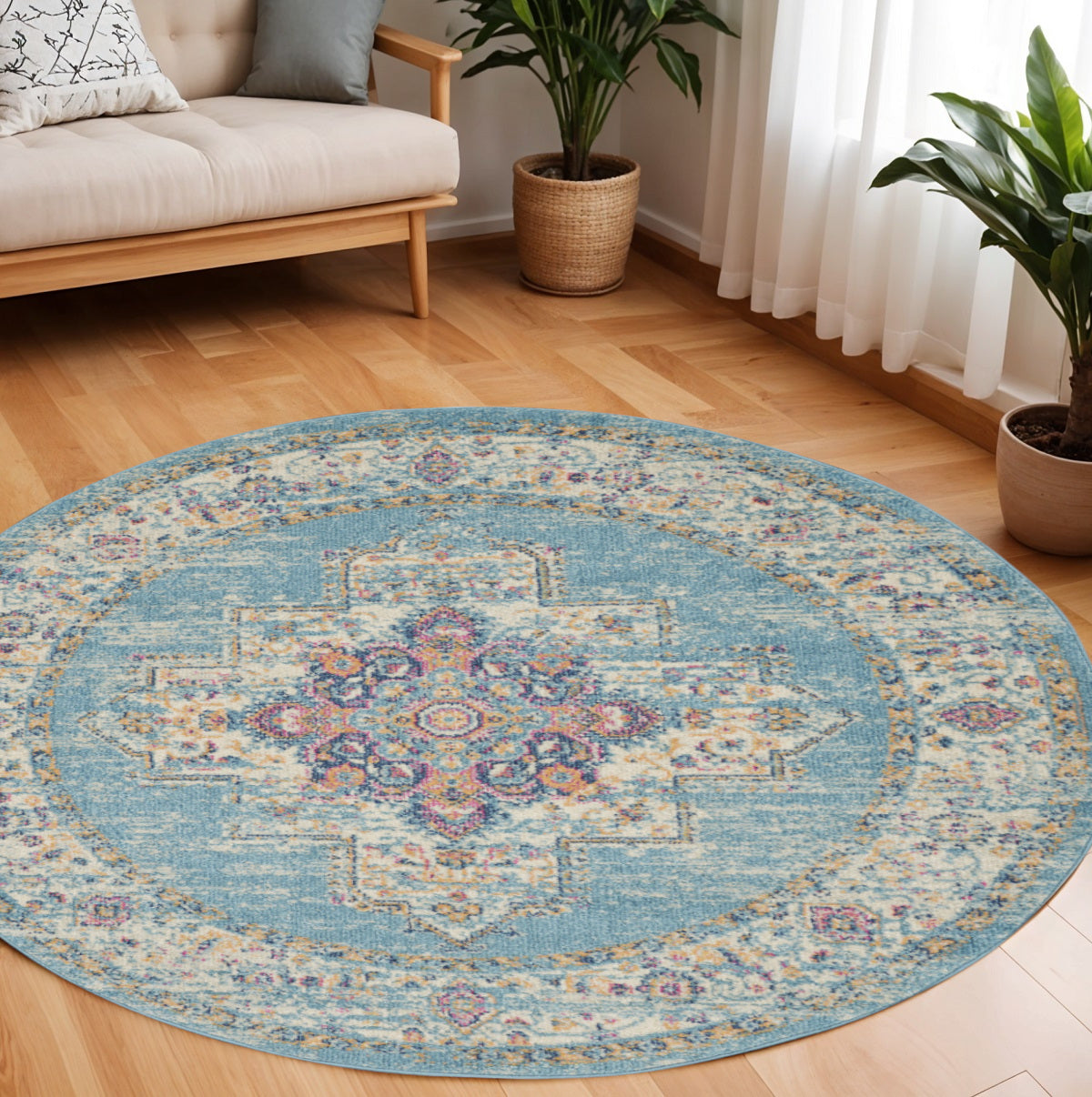 7' X 10' Blue And Ivory Medallion Distressed Area Rug-Area Rugs-DECOROLALA