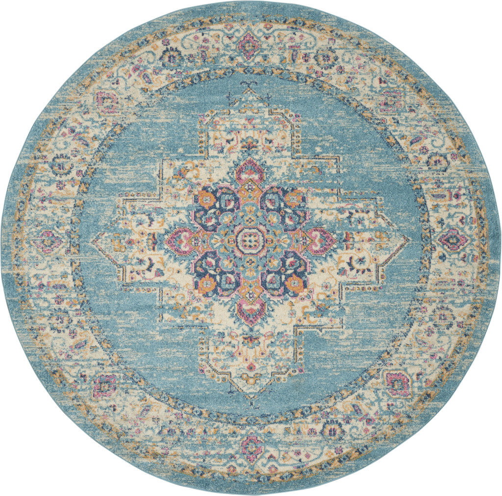 7' X 10' Blue And Ivory Medallion Distressed Area Rug-Area Rugs-DECOROLALA