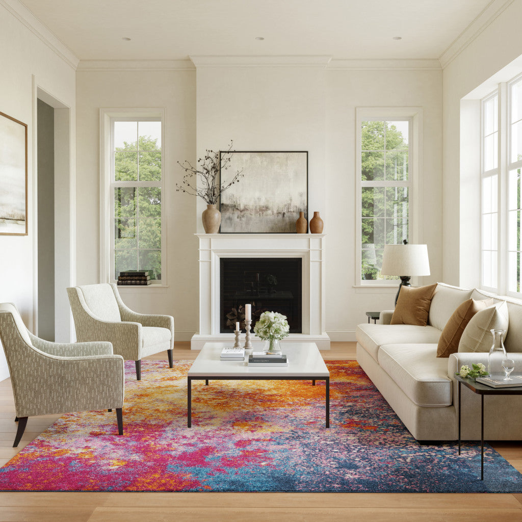 7' X 10' Blue And Orange Abstract Area Rug-Area Rugs-DECOROLALA