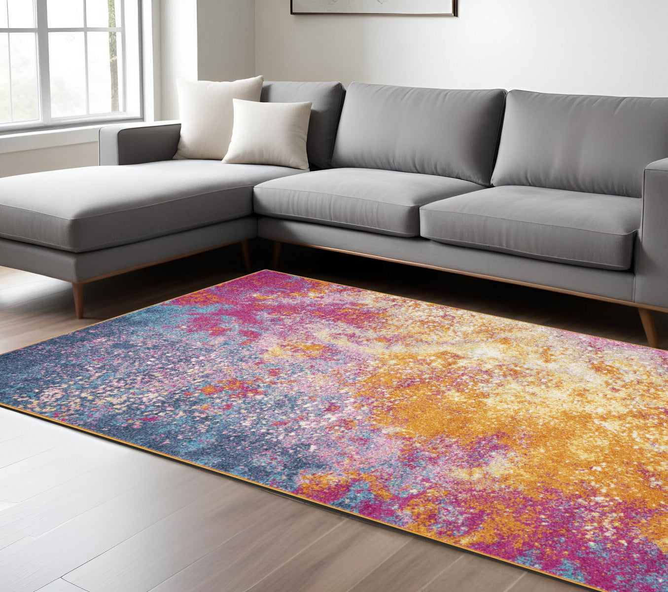 7' X 10' Blue And Orange Abstract Area Rug-Area Rugs-DECOROLALA