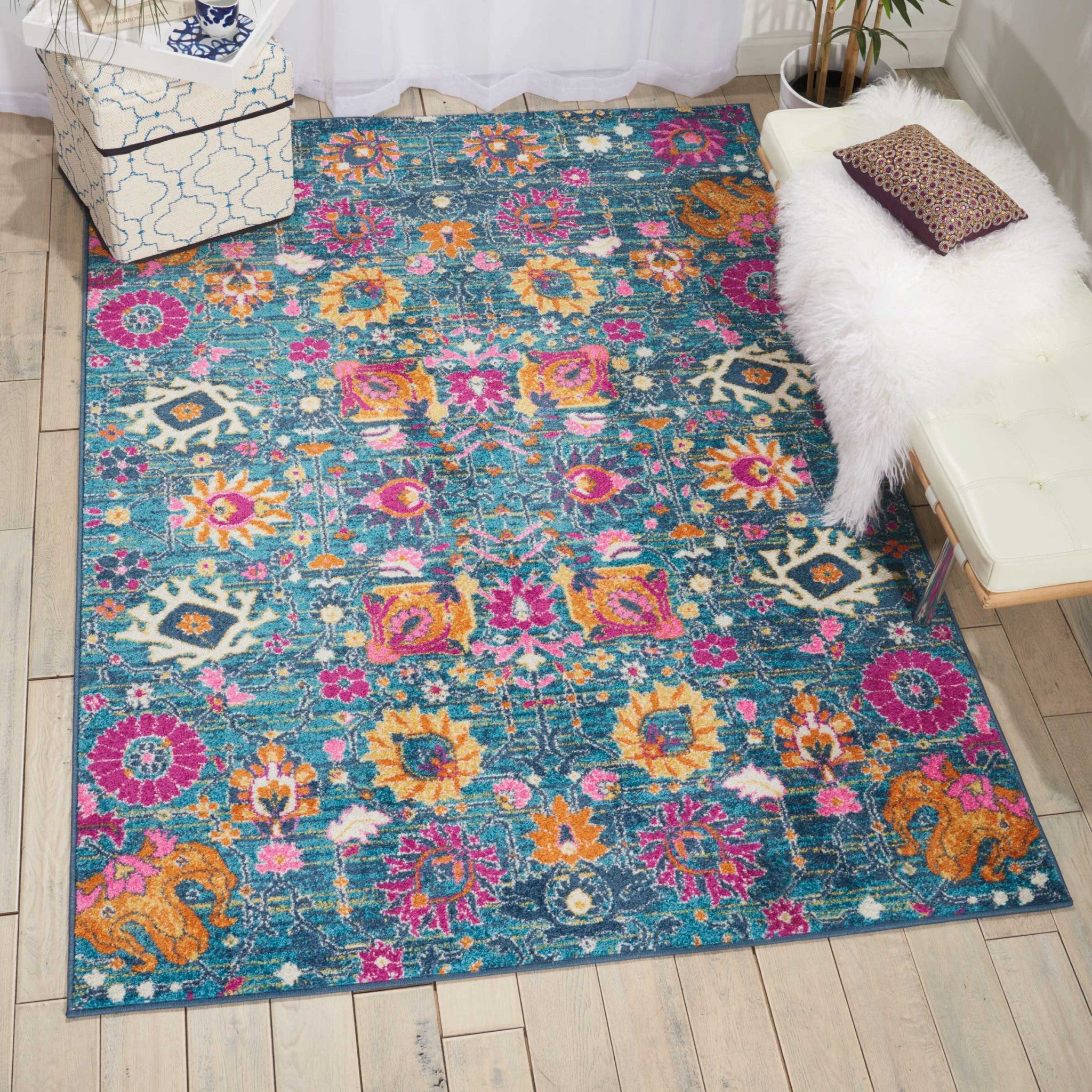 7' X 10' Blue And Orange Floral Distressed Area Rug-Area Rugs-DECOROLALA