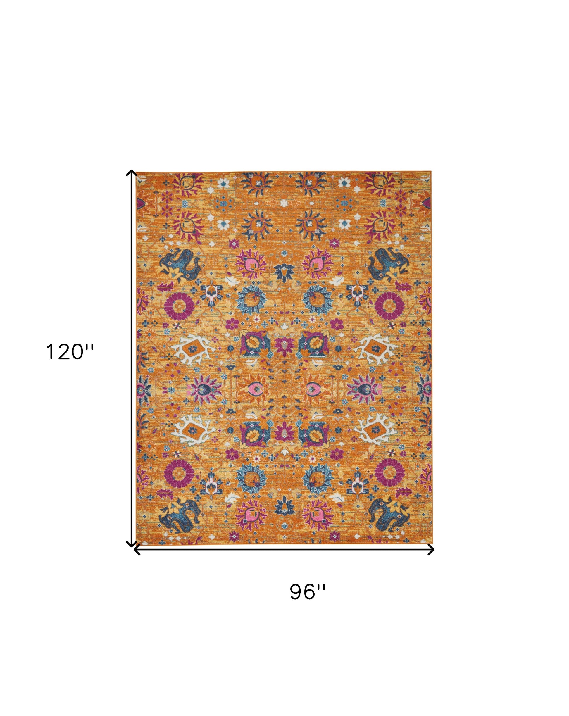 7' X 10' Blue And Orange Floral Distressed Area Rug-Area Rugs-DECOROLALA