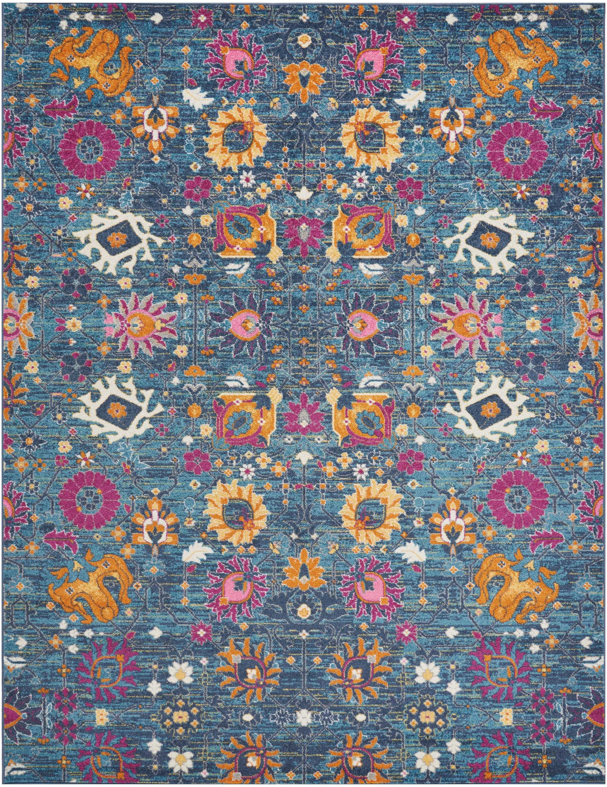 7' X 10' Blue And Orange Floral Distressed Area Rug-Area Rugs-DECOROLALA