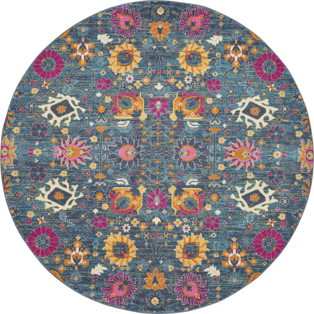 7' X 10' Blue And Orange Floral Distressed Area Rug-Area Rugs-DECOROLALA