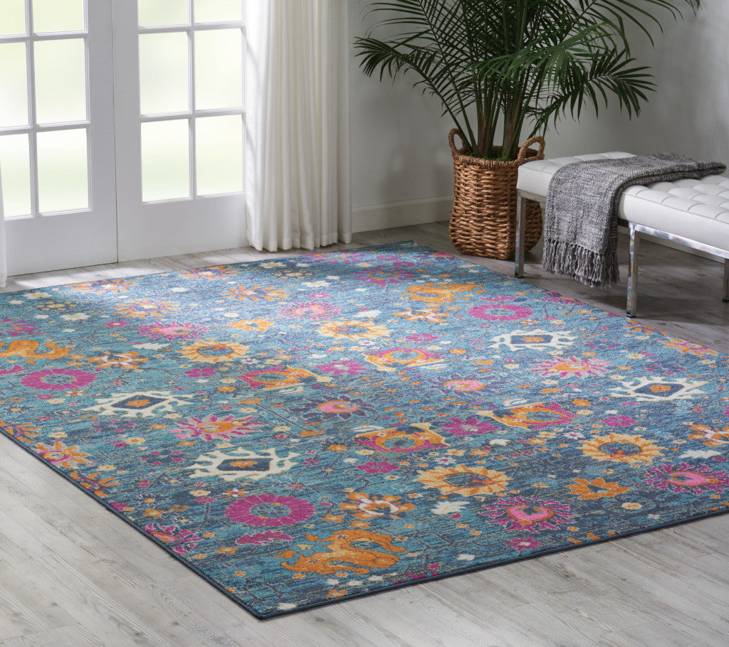 7' X 10' Blue And Orange Floral Distressed Area Rug-Area Rugs-DECOROLALA