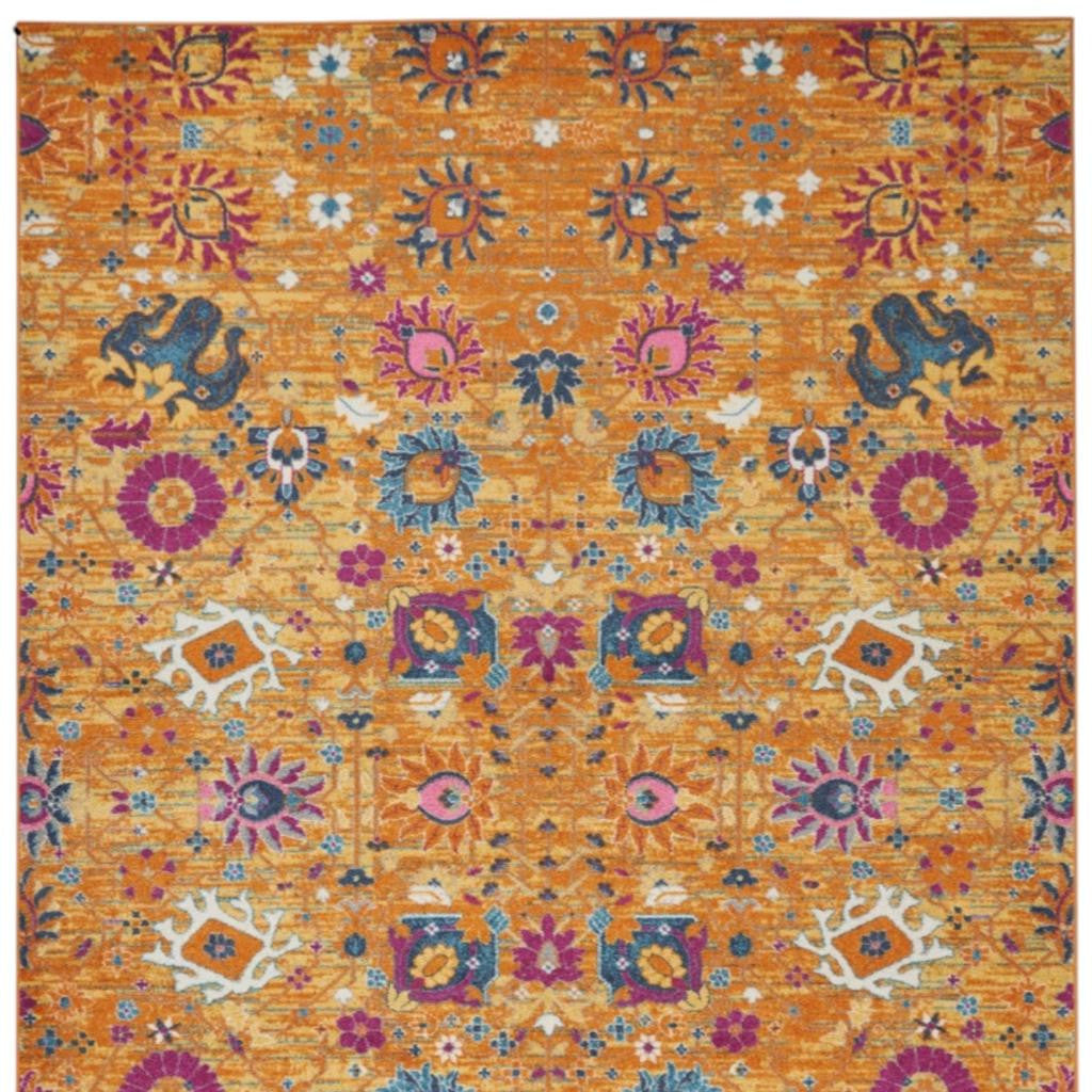 7' X 10' Blue And Orange Floral Distressed Area Rug-Area Rugs-DECOROLALA