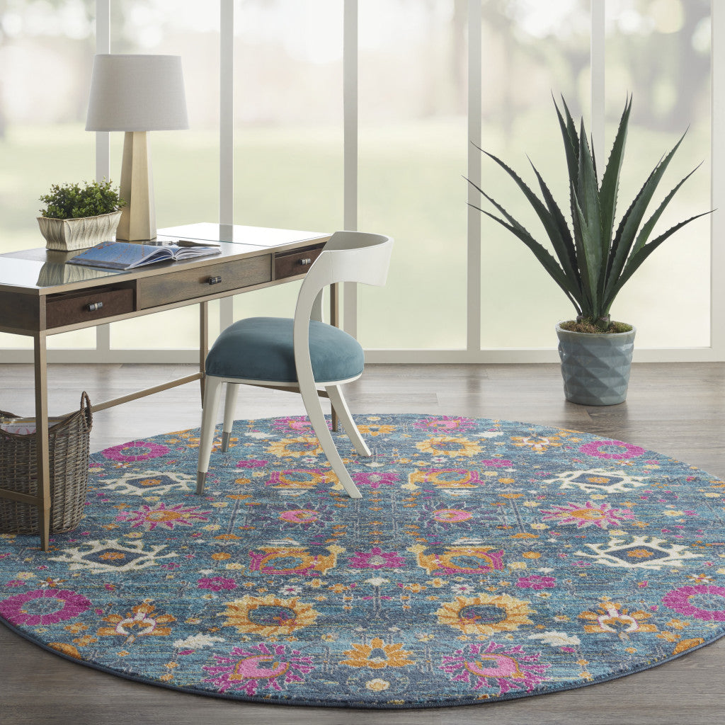 7' X 10' Blue And Orange Floral Distressed Area Rug-Area Rugs-DECOROLALA