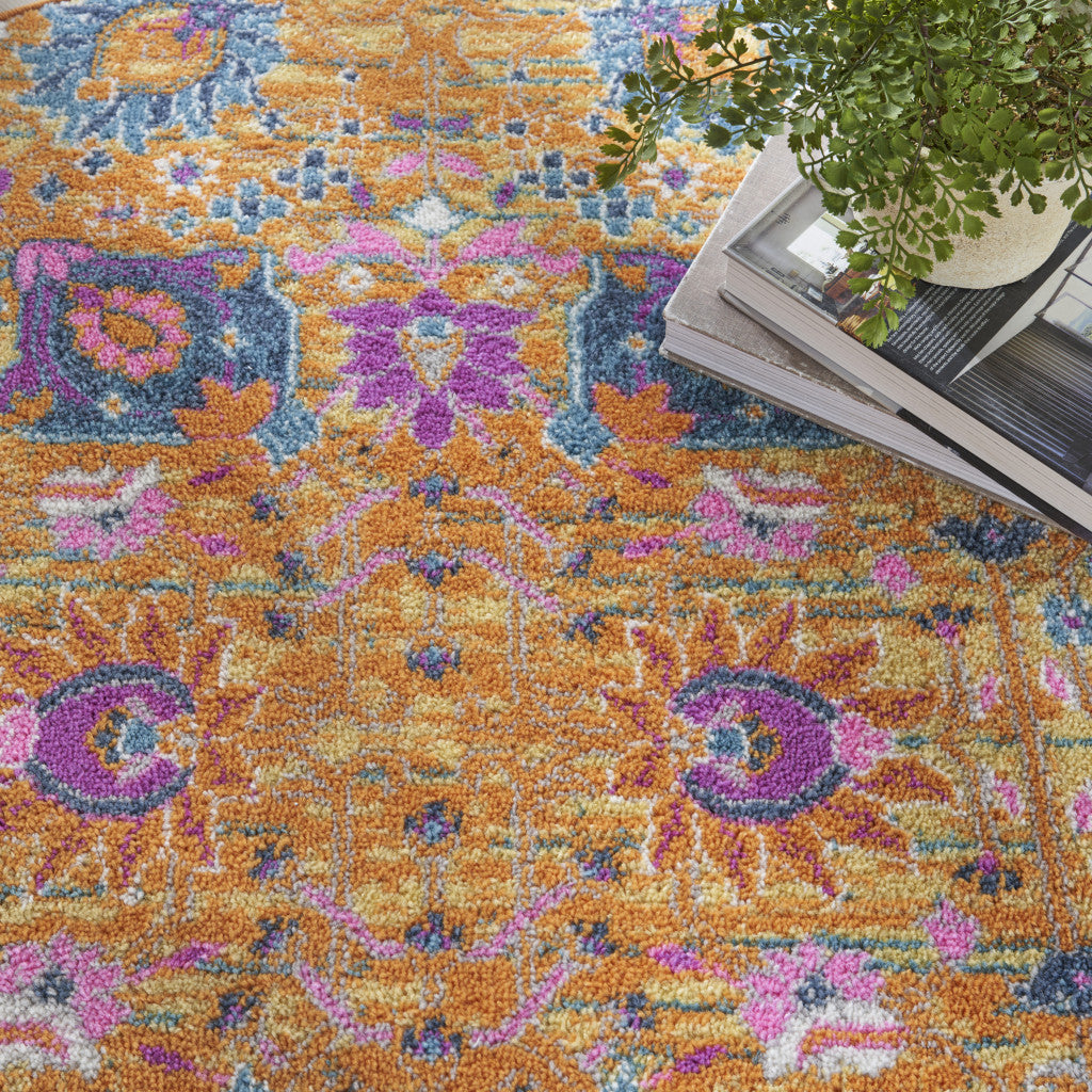 7' X 10' Blue And Orange Floral Distressed Area Rug-Area Rugs-DECOROLALA