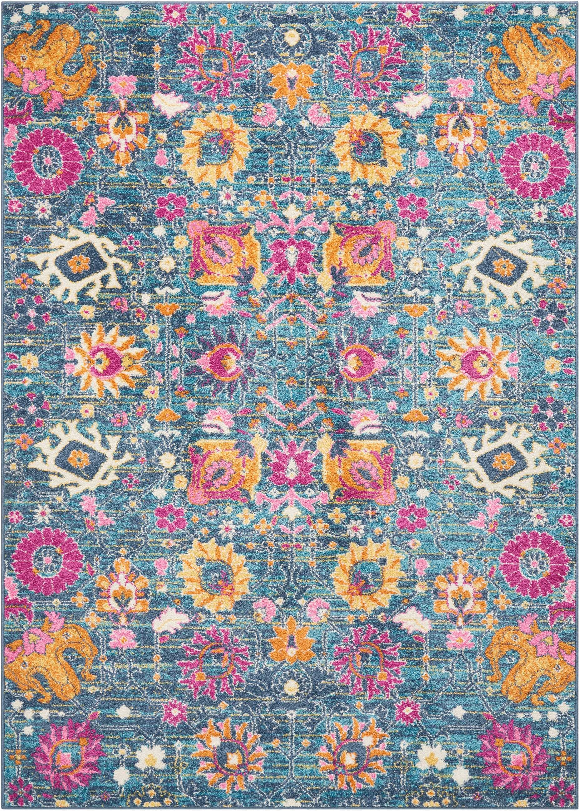 7' X 10' Blue And Orange Floral Distressed Area Rug-Area Rugs-DECOROLALA