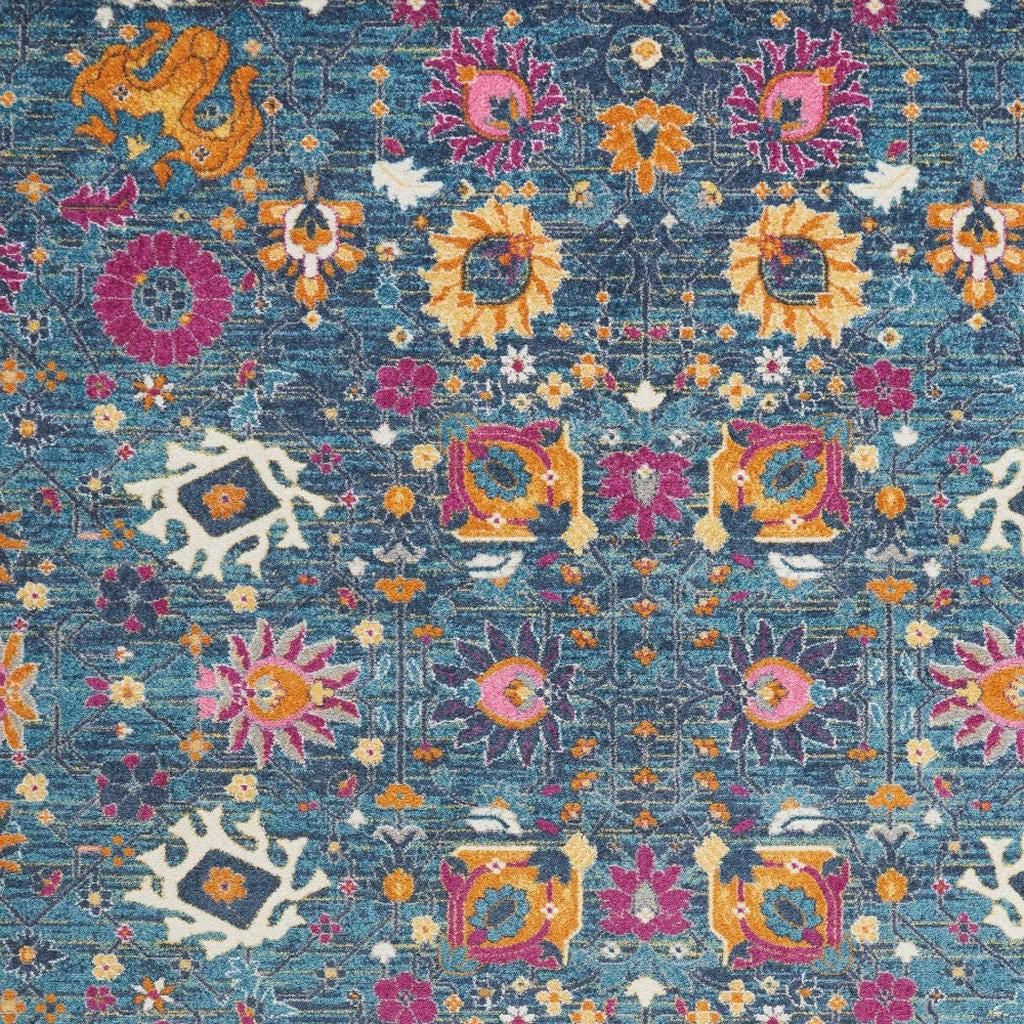 7' X 10' Blue And Orange Floral Distressed Area Rug-Area Rugs-DECOROLALA
