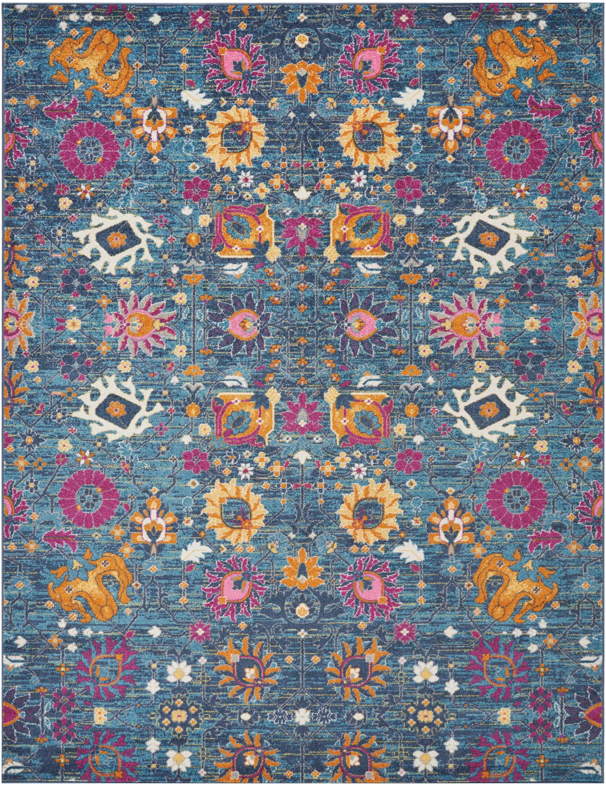 7' X 10' Blue And Orange Floral Distressed Area Rug-Area Rugs-DECOROLALA
