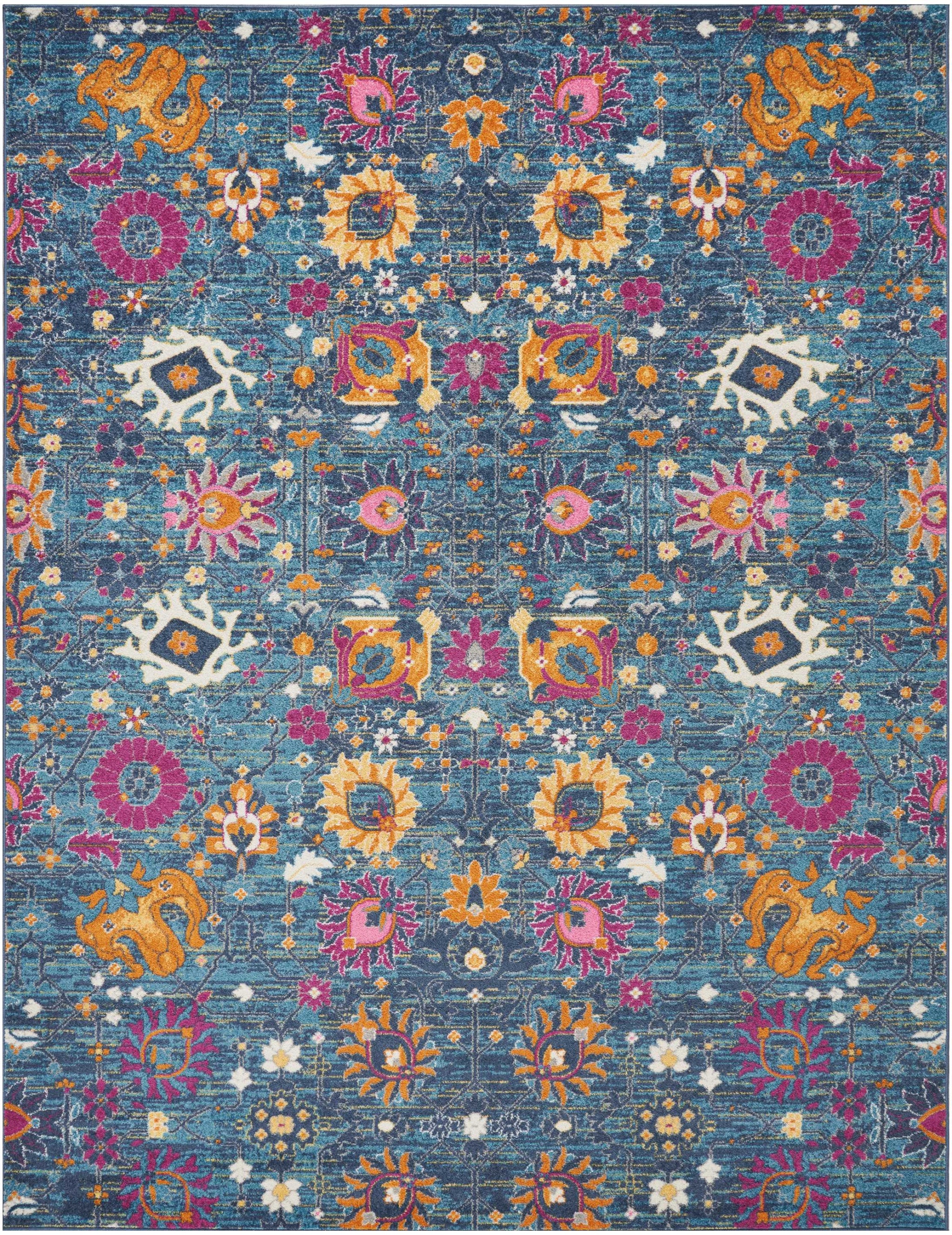 7' X 10' Blue And Orange Floral Distressed Area Rug-Area Rugs-DECOROLALA