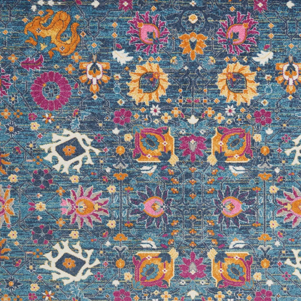 7' X 10' Blue And Orange Floral Distressed Area Rug-Area Rugs-DECOROLALA