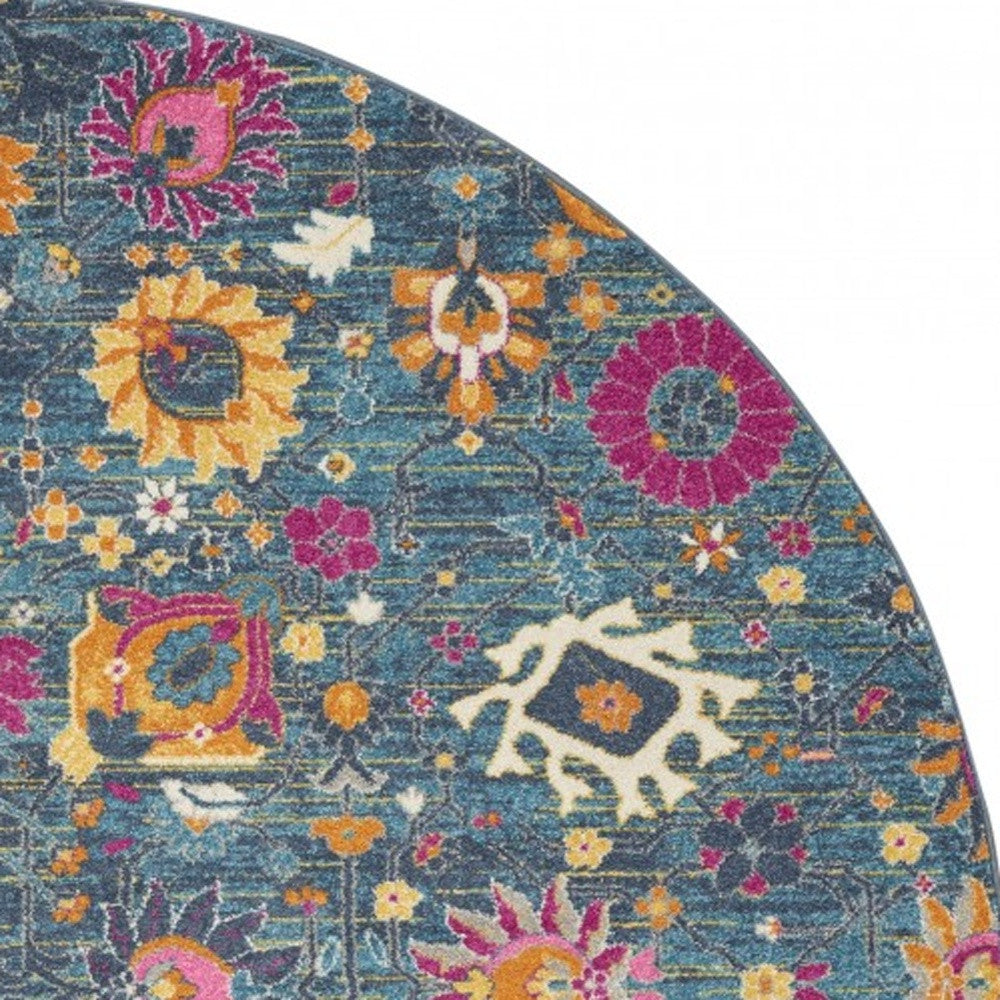 7' X 10' Blue And Orange Floral Distressed Area Rug-Area Rugs-DECOROLALA