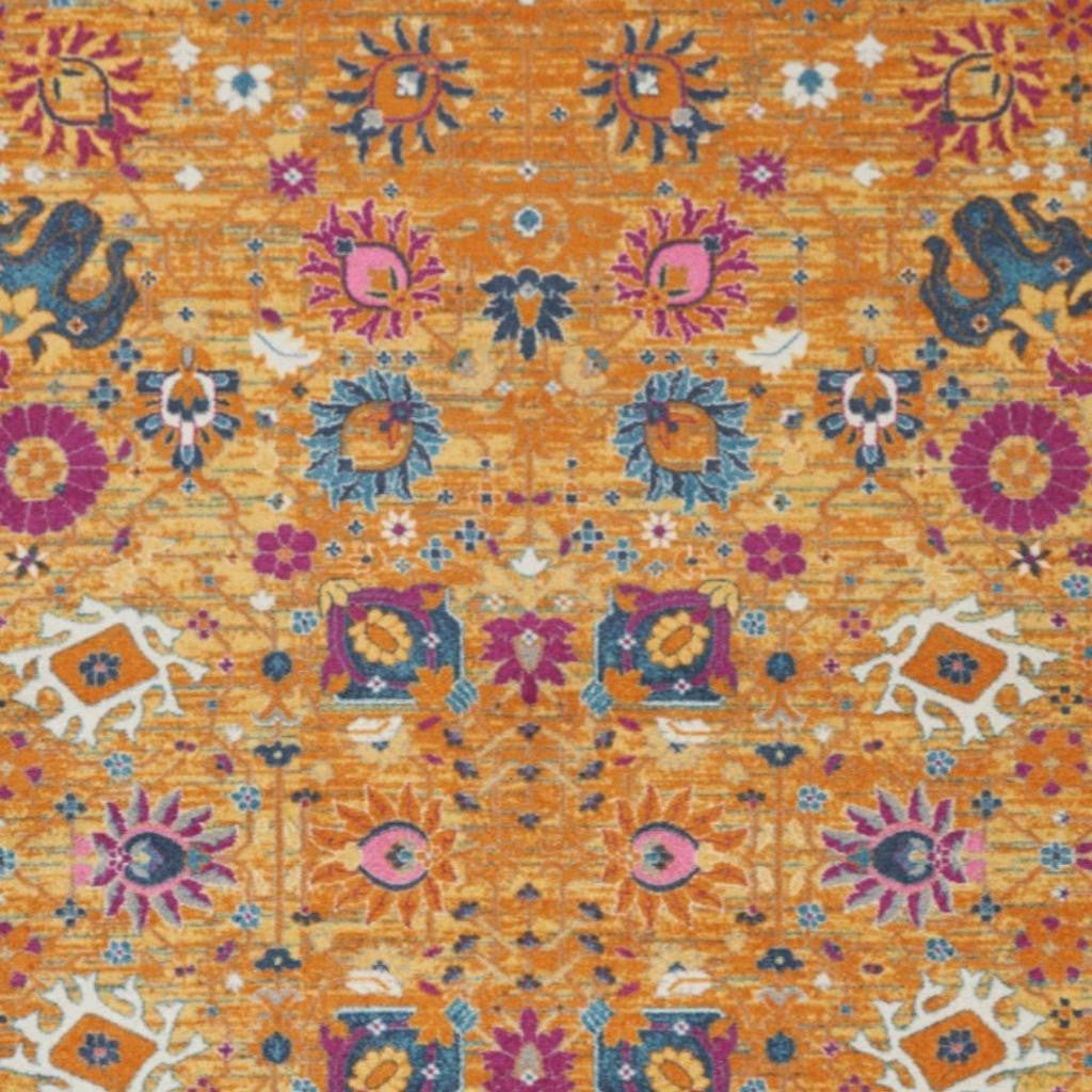 7' X 10' Blue And Orange Floral Distressed Area Rug-Area Rugs-DECOROLALA