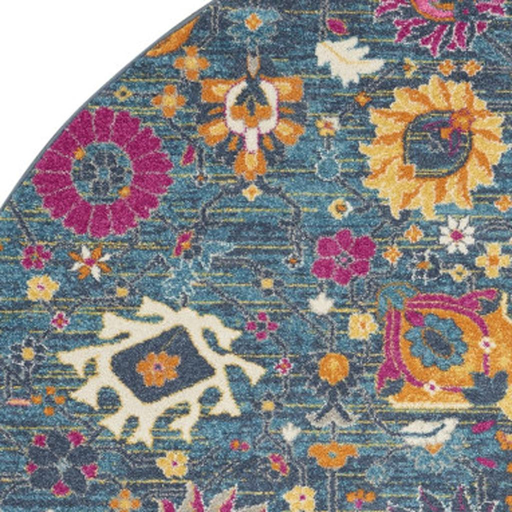 7' X 10' Blue And Orange Floral Distressed Area Rug-Area Rugs-DECOROLALA
