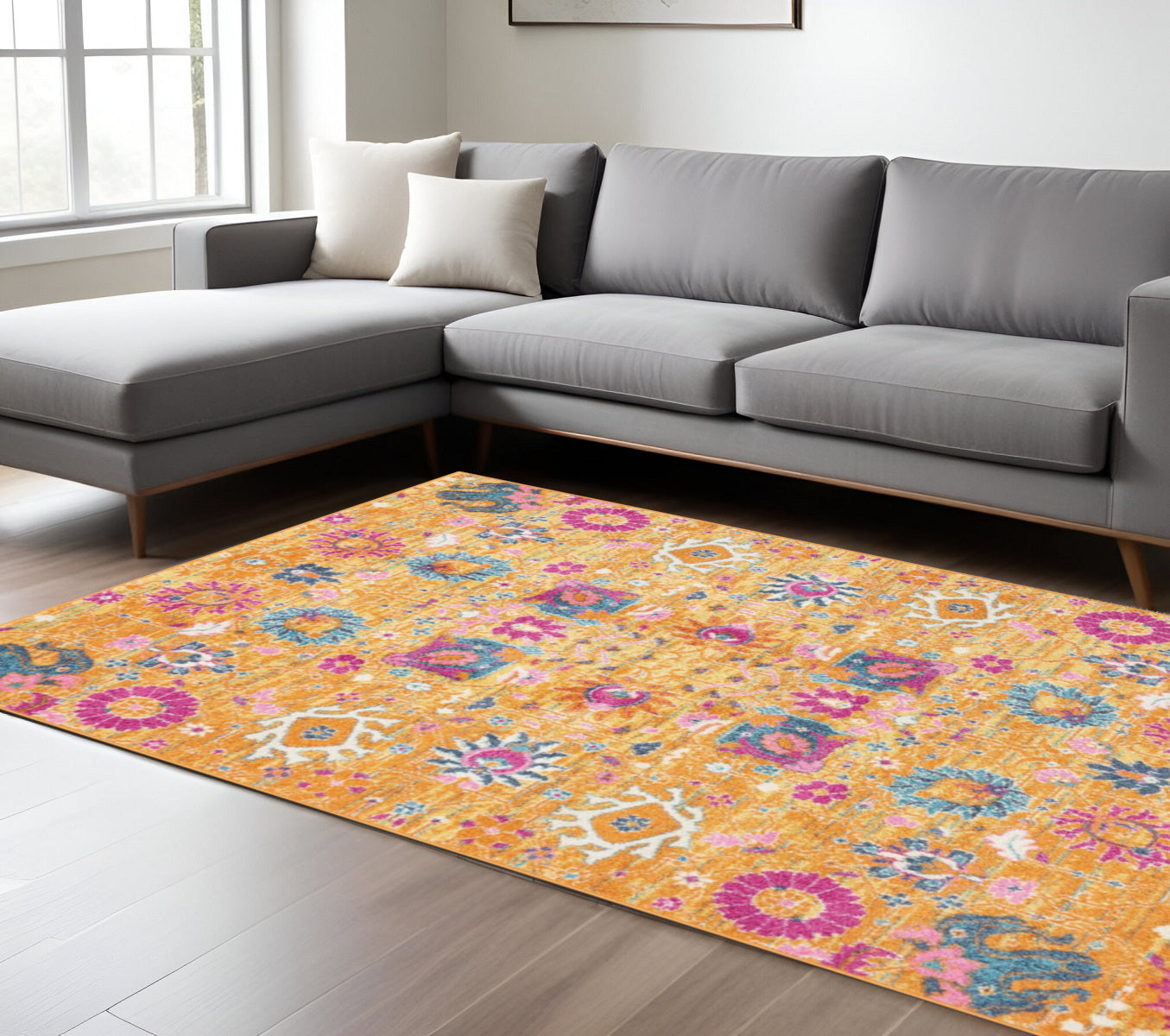 7' X 10' Blue And Orange Floral Distressed Area Rug-Area Rugs-DECOROLALA