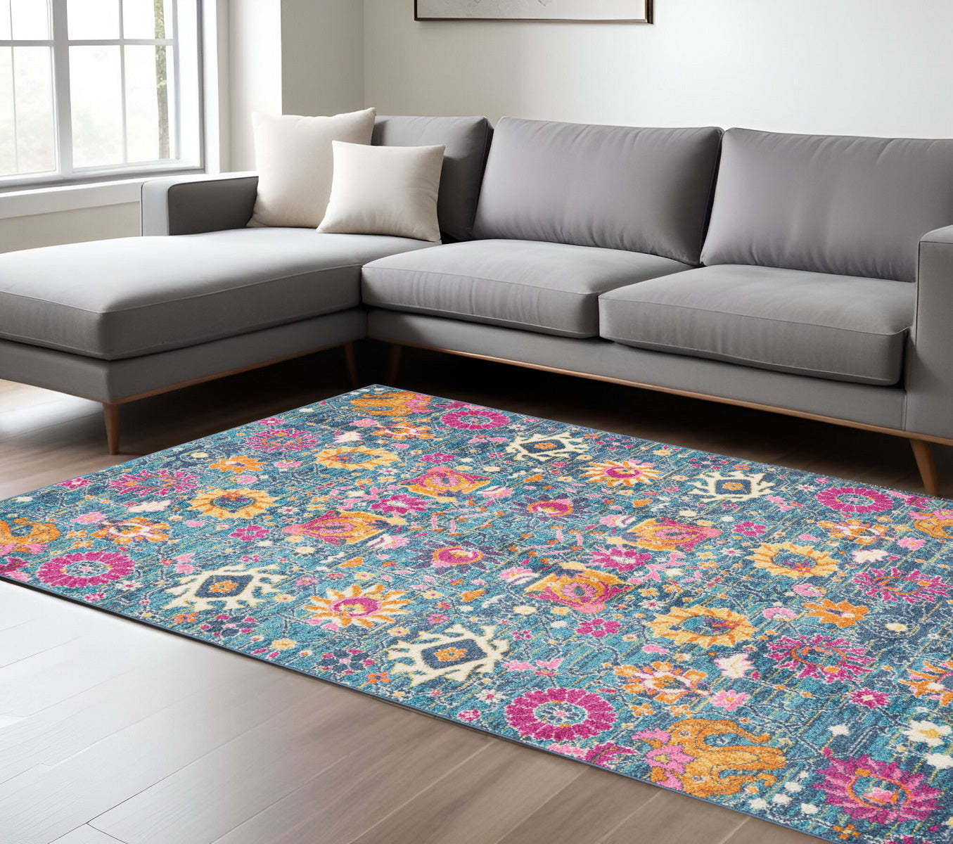 7' X 10' Blue And Orange Floral Distressed Area Rug-Area Rugs-DECOROLALA
