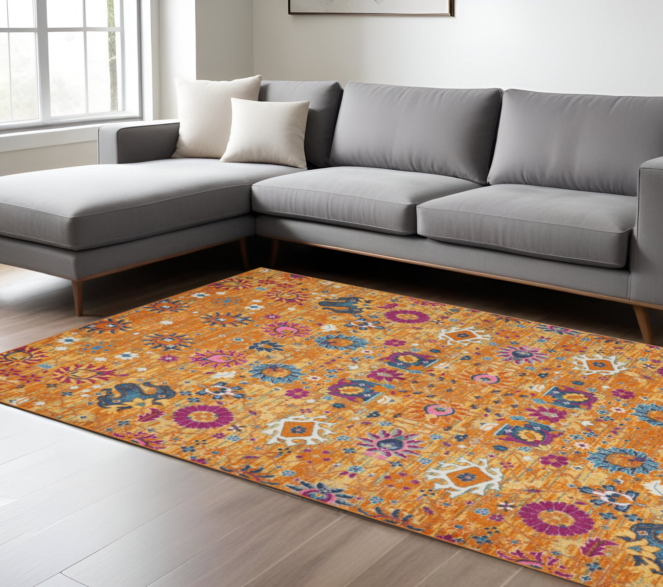 7' X 10' Blue And Orange Floral Distressed Area Rug-Area Rugs-DECOROLALA