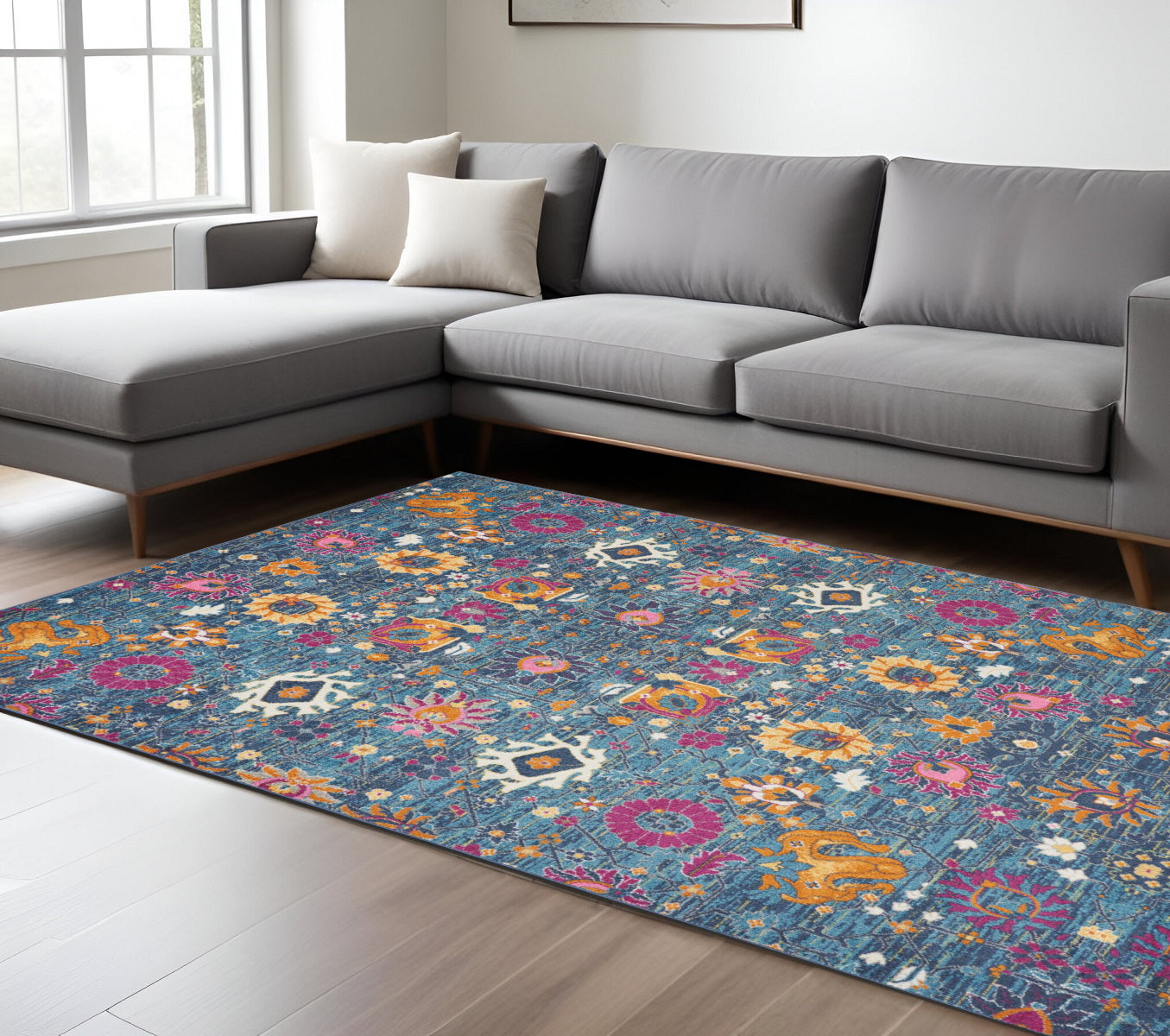 7' X 10' Blue And Orange Floral Distressed Area Rug-Area Rugs-DECOROLALA