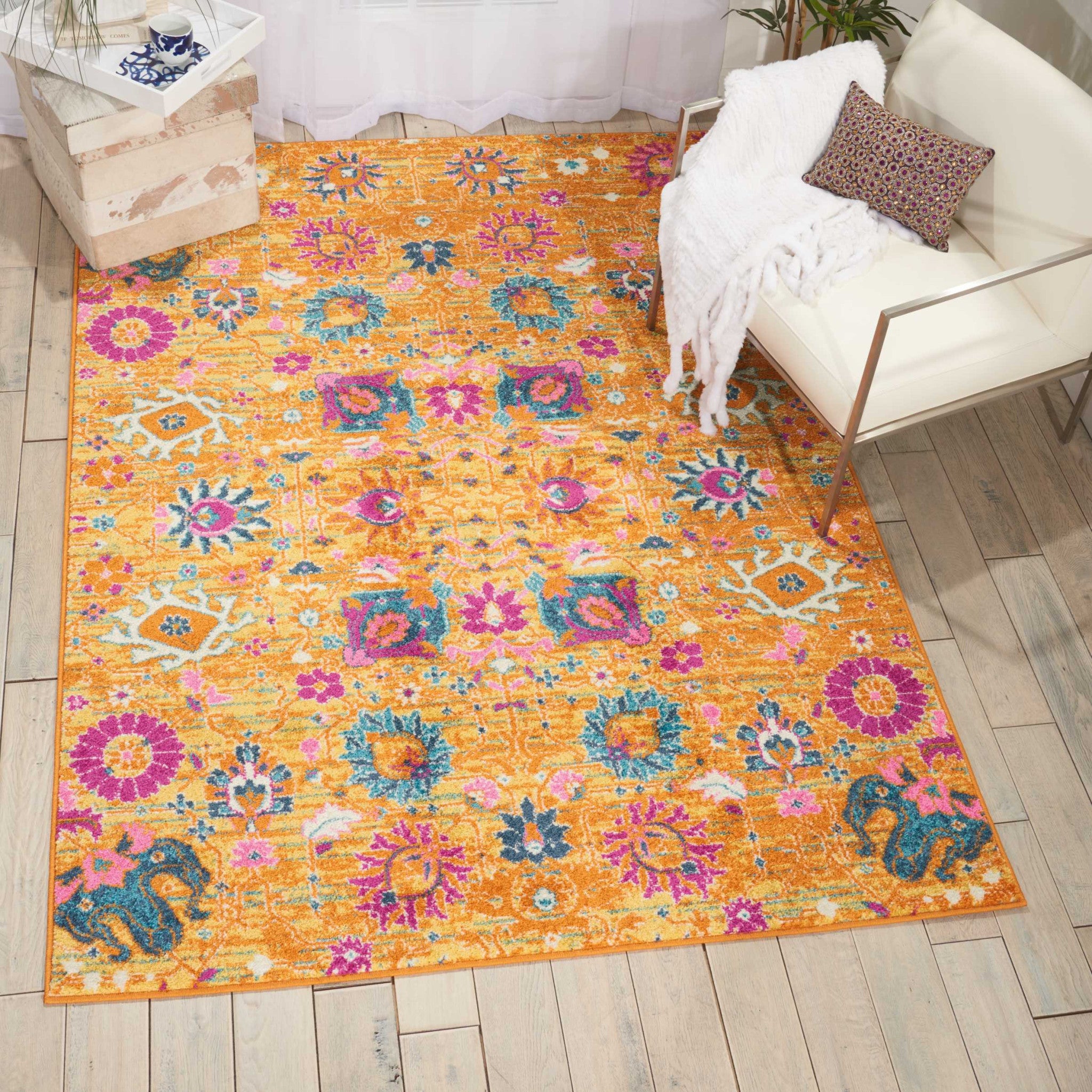 7' X 10' Blue And Orange Floral Distressed Area Rug-Area Rugs-DECOROLALA