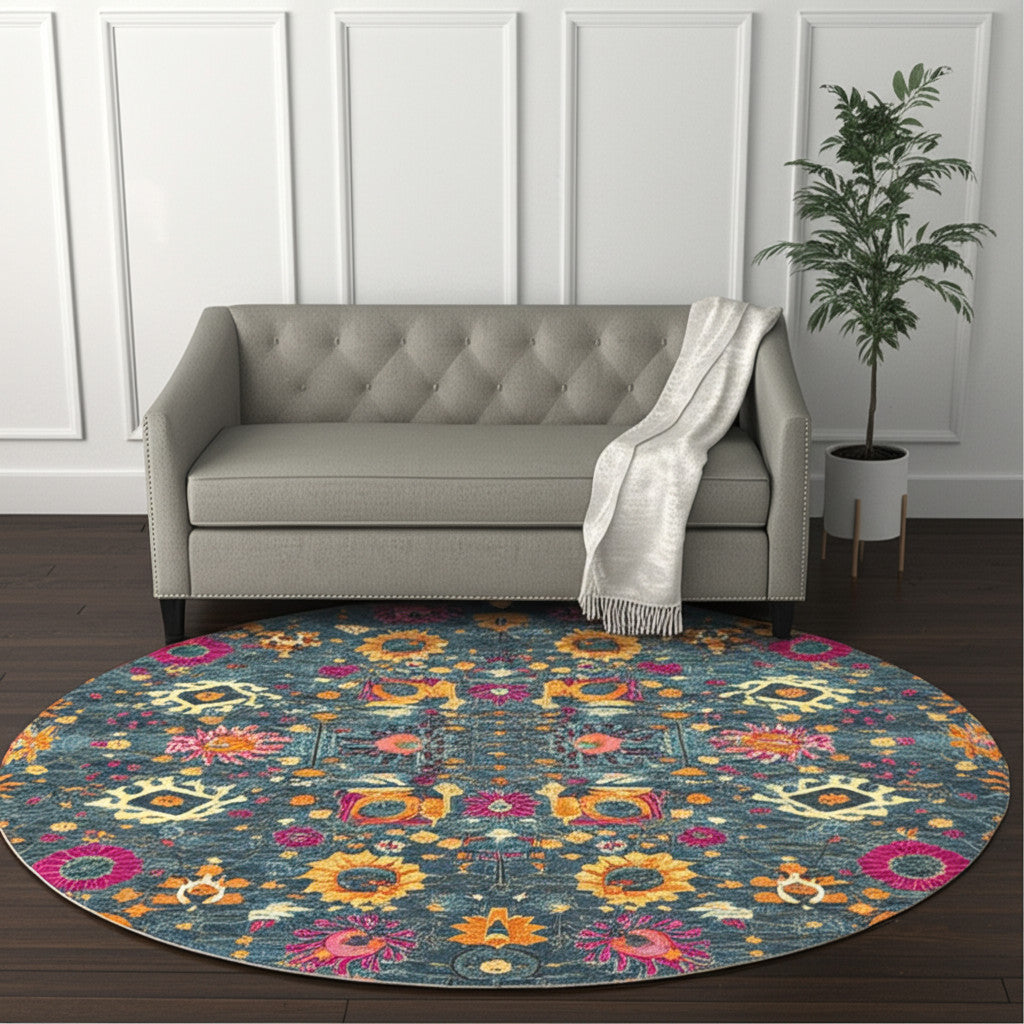 7' X 10' Blue And Orange Floral Distressed Area Rug-Area Rugs-DECOROLALA