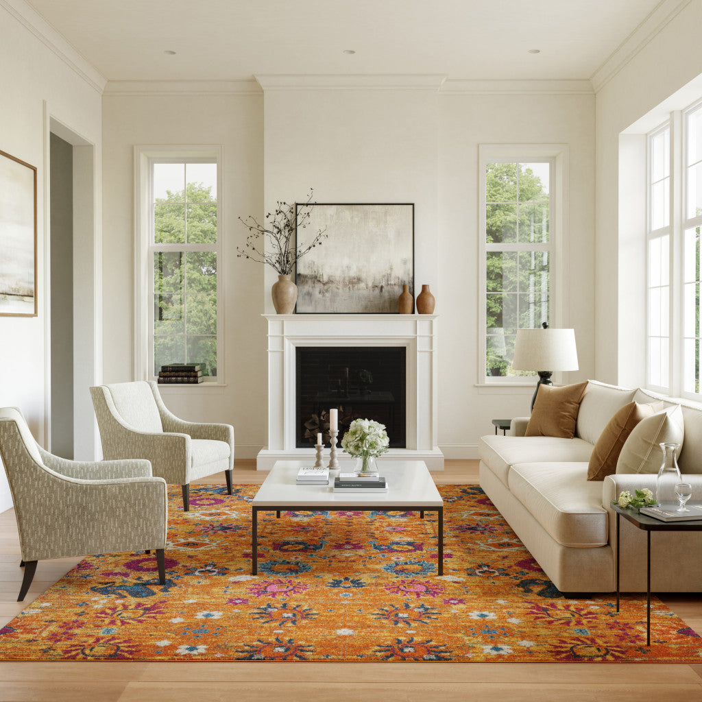 7' X 10' Blue And Orange Floral Distressed Area Rug-Area Rugs-DECOROLALA