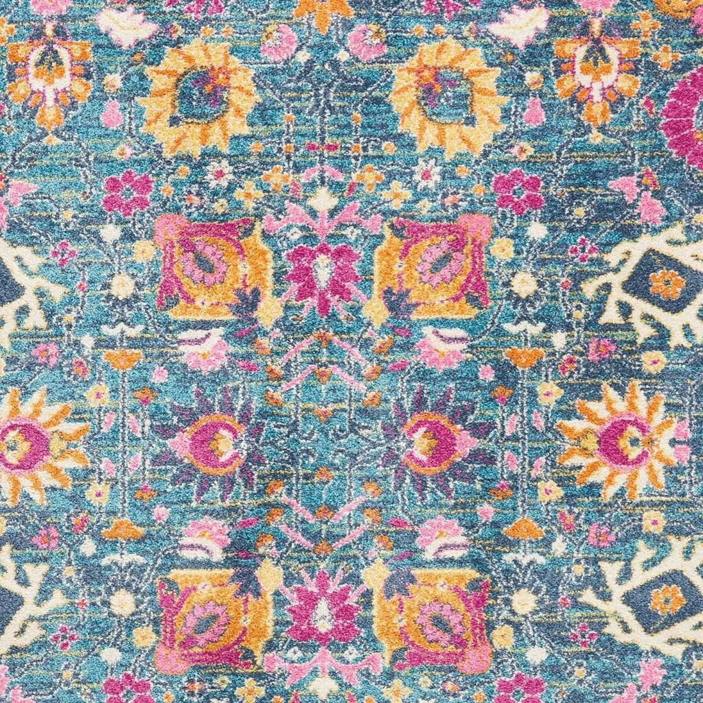 7' X 10' Blue And Orange Floral Distressed Area Rug-Area Rugs-DECOROLALA