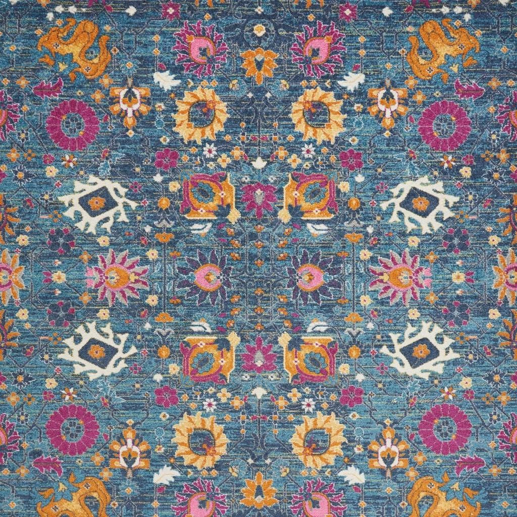 7' X 10' Blue And Orange Floral Distressed Area Rug-Area Rugs-DECOROLALA