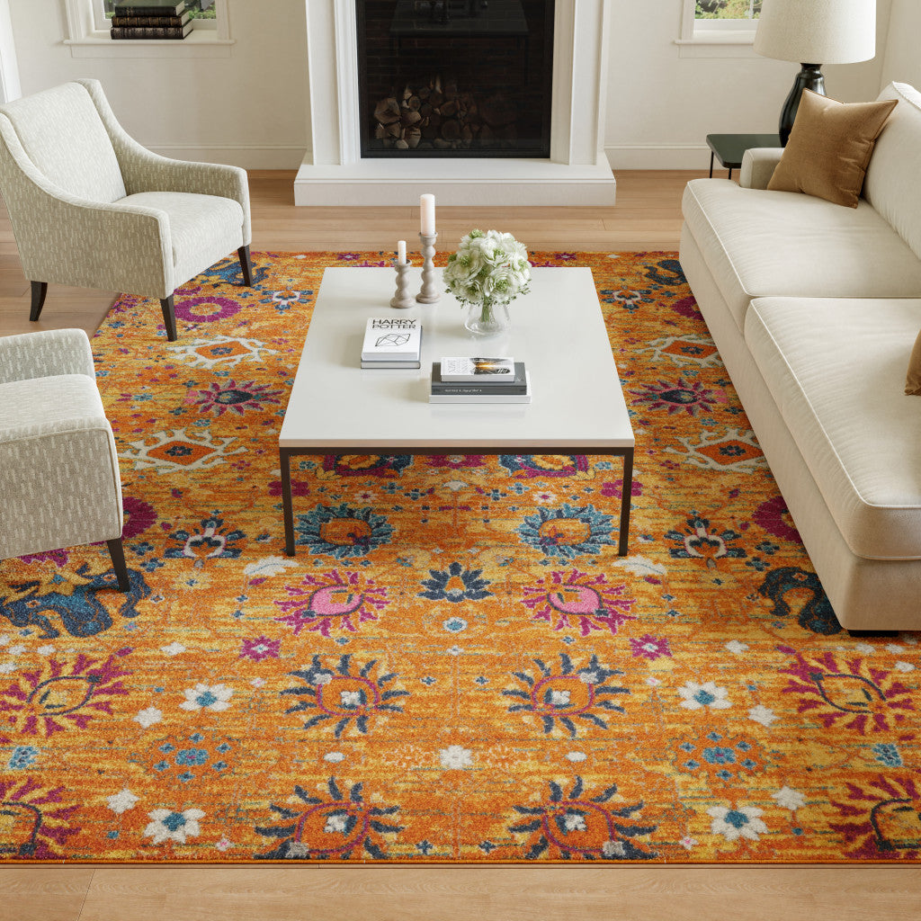 7' X 10' Blue And Orange Floral Distressed Area Rug-Area Rugs-DECOROLALA