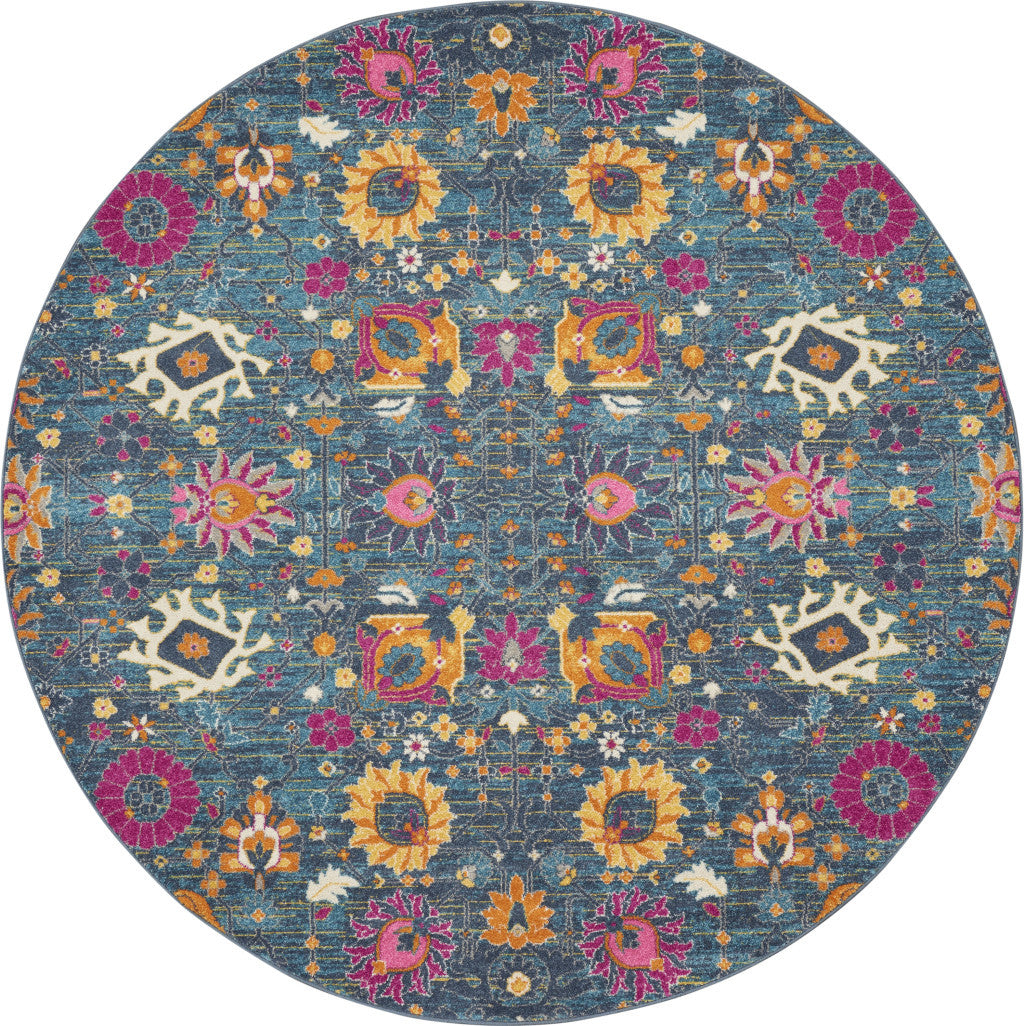 7' X 10' Blue And Orange Floral Distressed Area Rug-Area Rugs-DECOROLALA