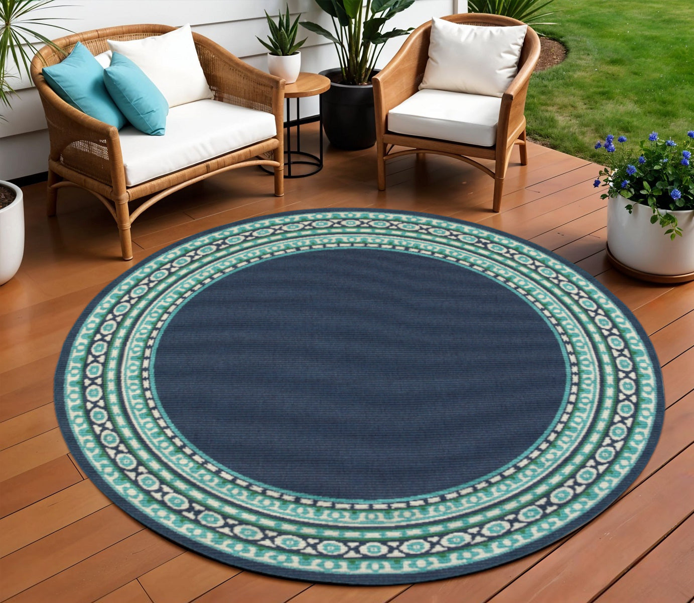 7' X 10' Blue and Green Indoor Outdoor Area Rug-Outdoor Rugs-DECOROLALA