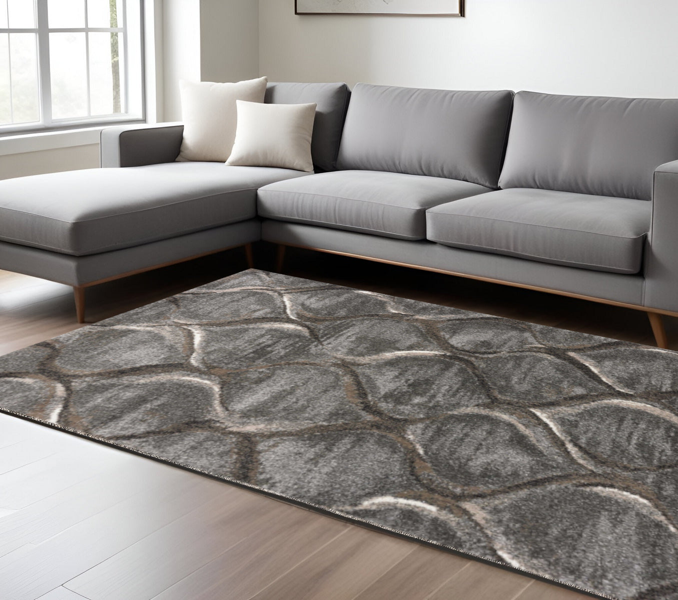 7' X 10' Charcoal And Light Gray Ogee Area Rug-Area Rugs-DECOROLALA