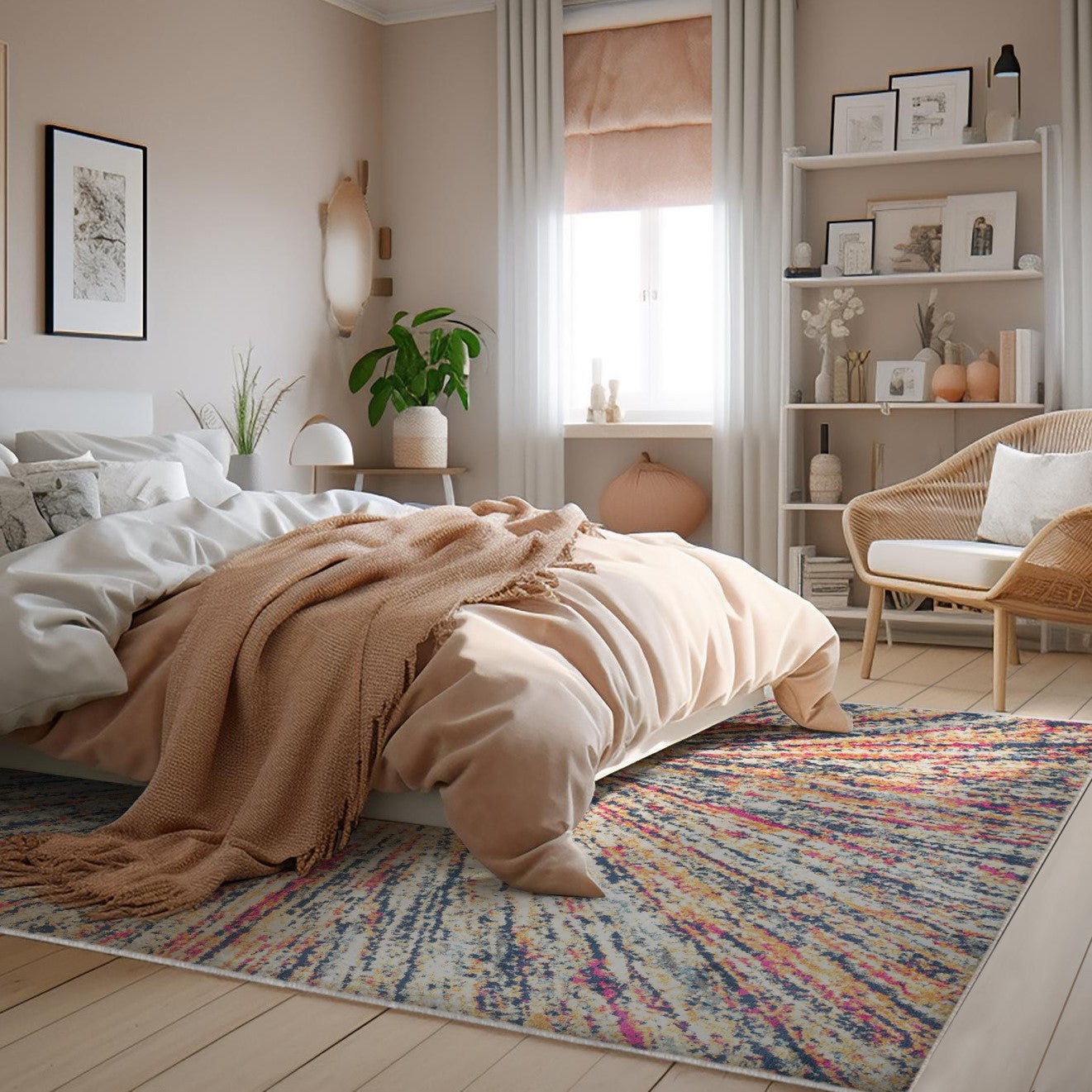 7' X 10' Cream Celestial Burst Abstract Area Rug-Area Rugs-DECOROLALA