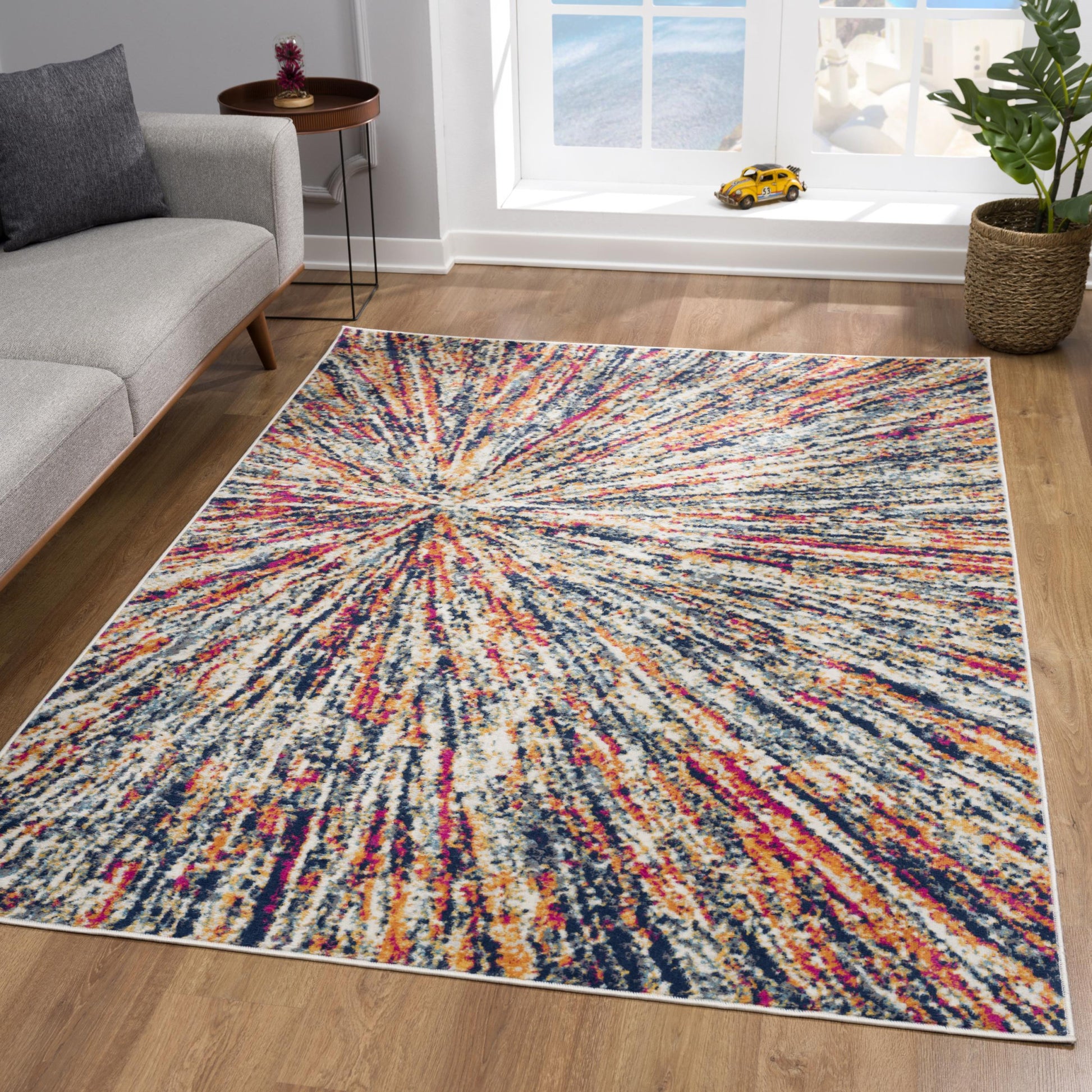 7' X 10' Cream Celestial Burst Abstract Area Rug-Area Rugs-DECOROLALA